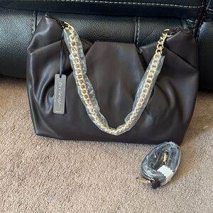 NWT Chic Black Vegan Leather Shoulder Bag with Gold Chain